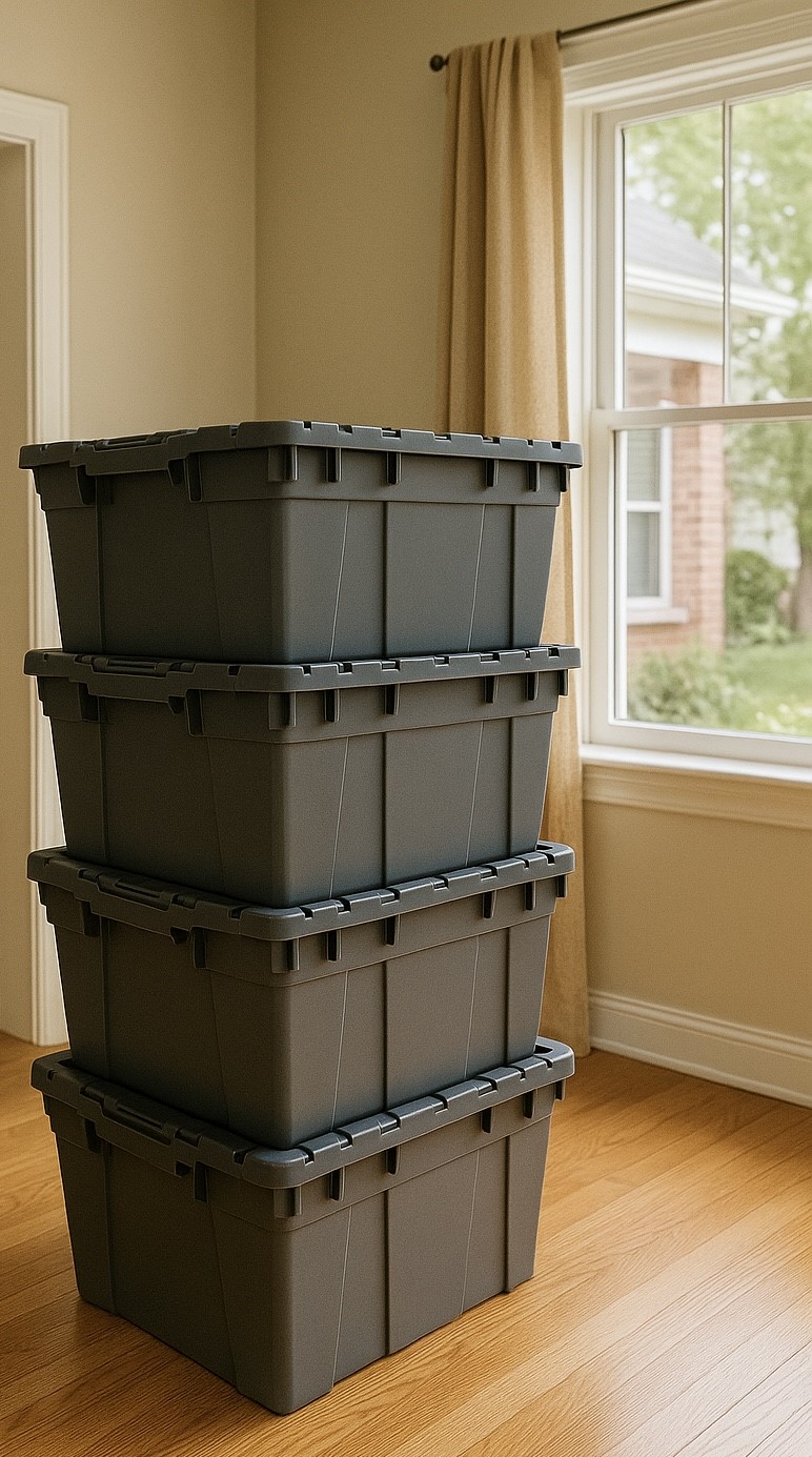 stack of boxes by window